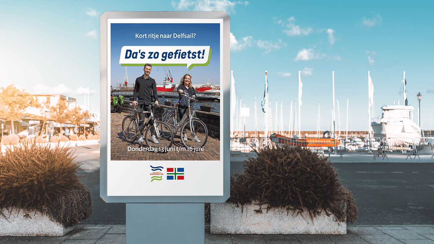 Display met "Kort ritje naar Delfsail? Da's zo gefietst"